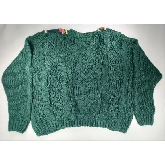 Vintage 90s IVY Handmade Knitted Green Floral Cardigan Sweater Sz L Grannycore - Picture 6 of 6